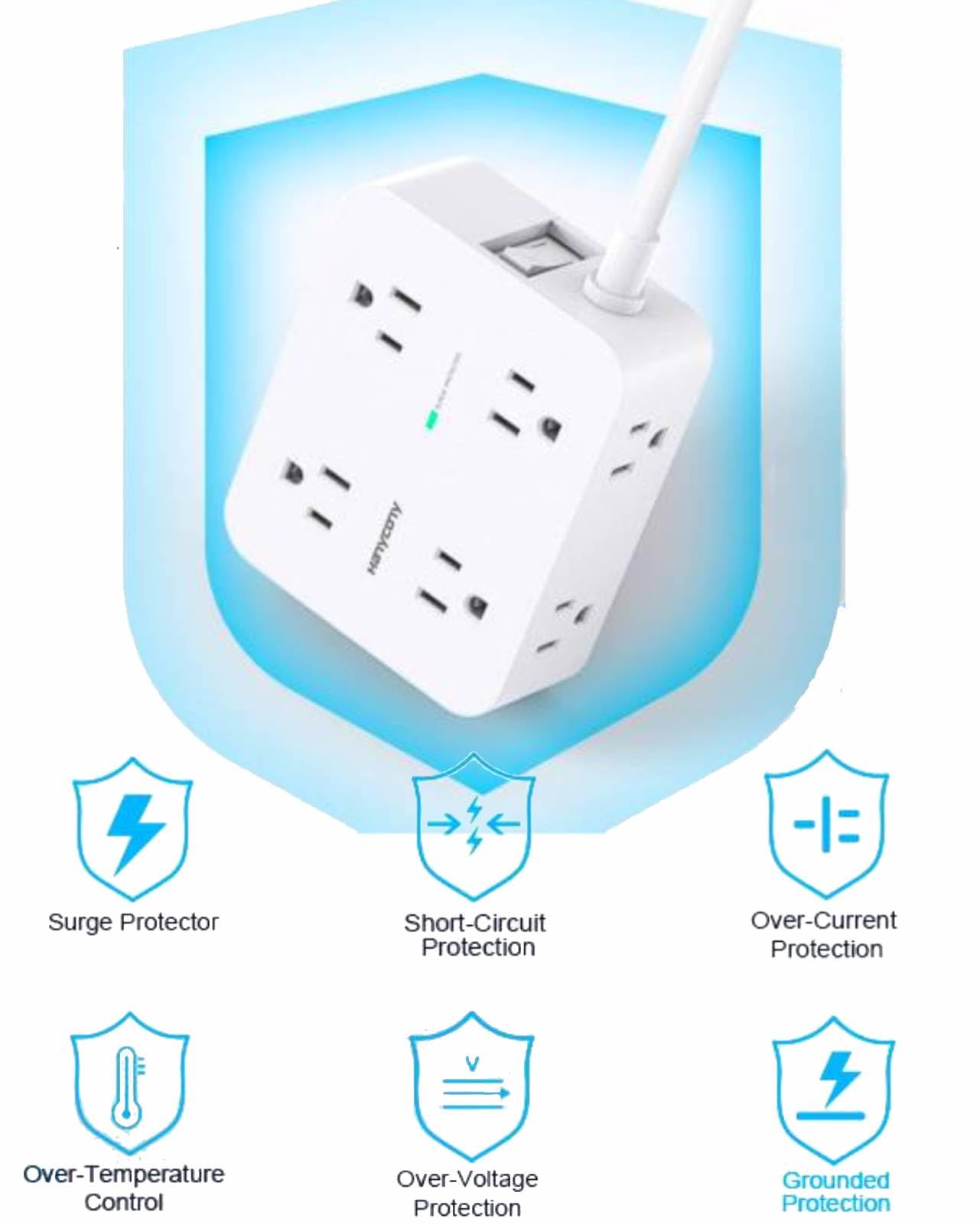 Power Strips with Surge Protection - HANYCONY 8 Widely Outlets with 4 USB Ports (2 USB C), 3-Side Outlet Extender Strip, 5 Ft Extension Cord, Ideal for Home Office College Dorm Room Essentials