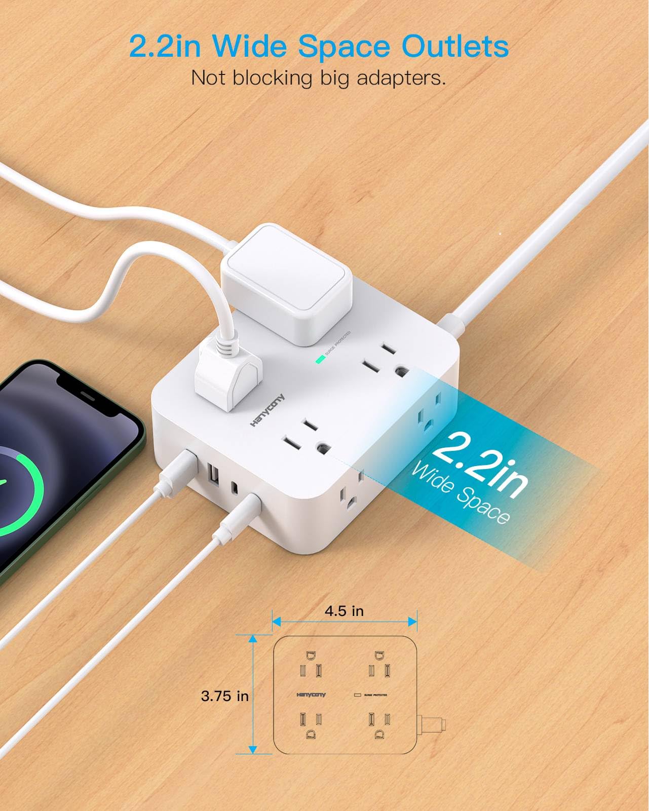 Power Strips with Surge Protection - HANYCONY 8 Widely Outlets with 4 USB Ports (2 USB C), 3-Side Outlet Extender Strip, 5 Ft Extension Cord, Ideal for Home Office College Dorm Room Essentials