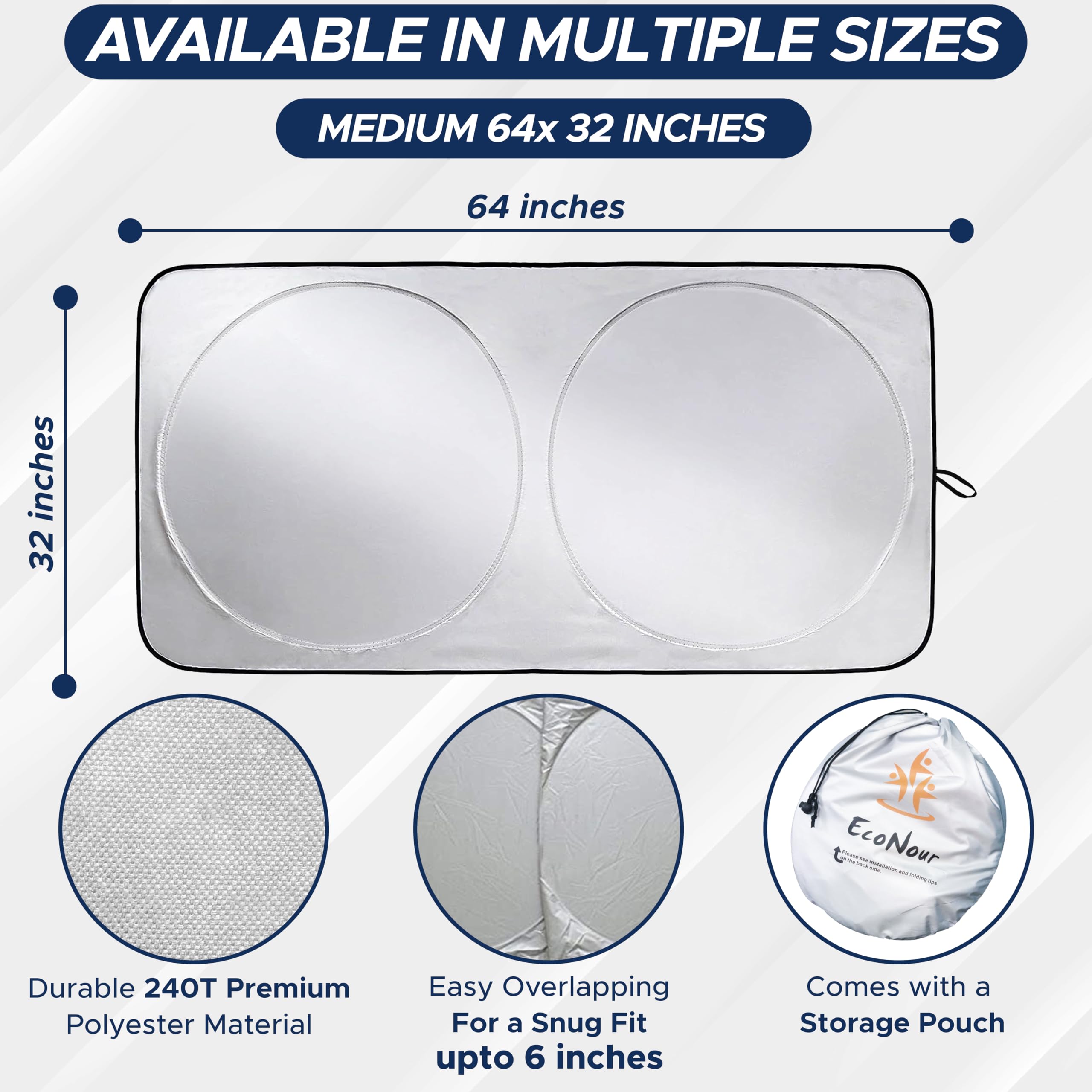 EcoNour Car Windshield Sunshade | Blocks 99% Heat & Keeps Interior Cool | Universal Fits Cars, SUVs, Trucks | Automotive Sun Screen, Visor & Car Accessories for Summer | Medium (64x32 Inches)